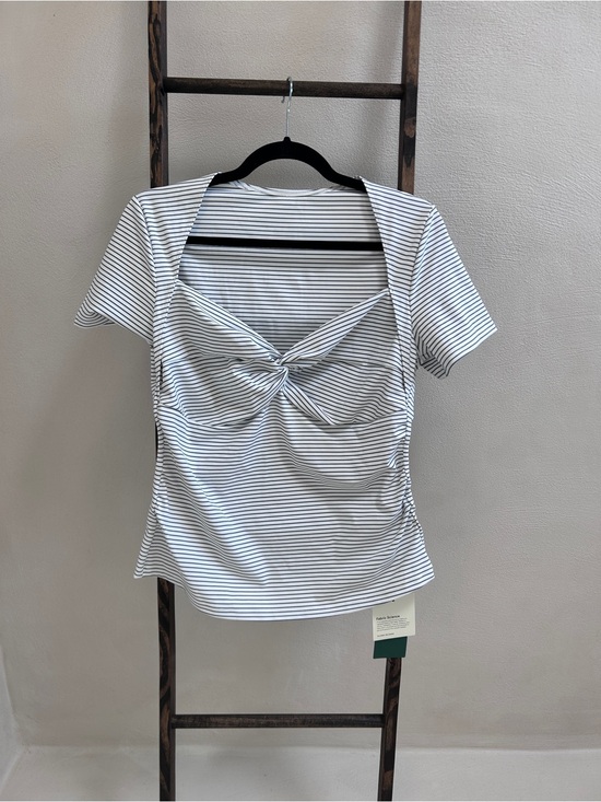 HALARA Tops - HALARA Queen Anne neckline White and Black Striped Twist-Front Crop Top
